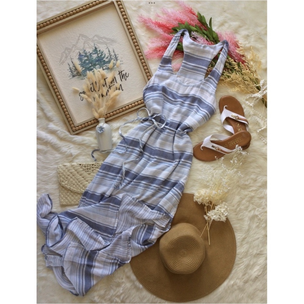 Cloth & Stone Sz XS Blue White Striped Gauze Maxi Slit Dress Beach Western
